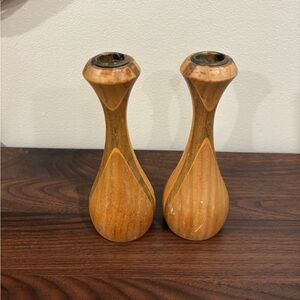 Pair of Inlaid Wood Candle Holders
